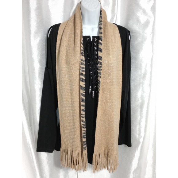 Metallic silver thread caramel tan black zebra stripe tiger scarf - Picture 5 of 6